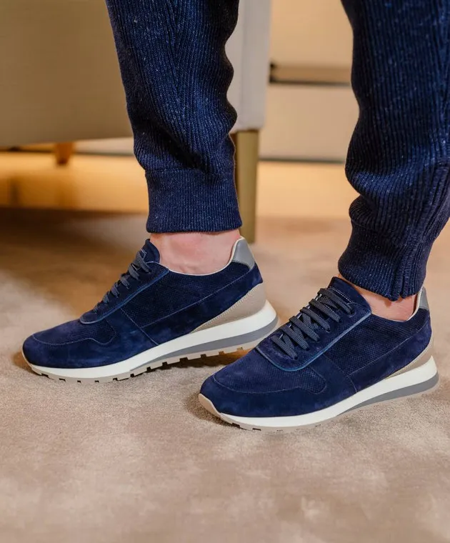 Brunello Cucinelli Blue suede sneakers with logo