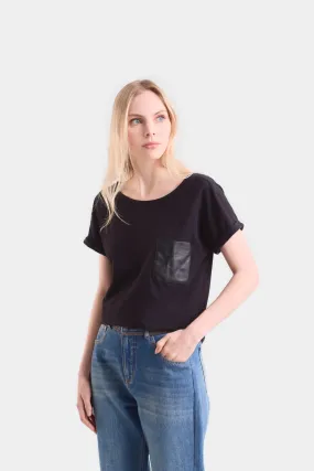 Camiseta manga corta para mujer bolsillo cuero