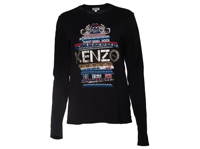 Kenzo, camisa negra manga larga con estampado Negro 