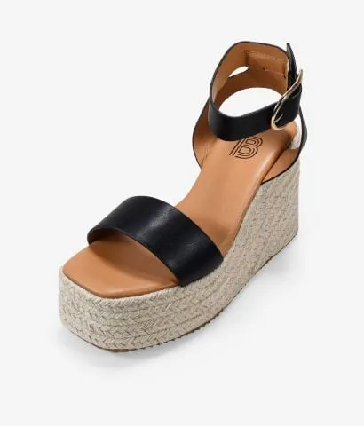 Sandalias negras con cuña y plataforma de esparto