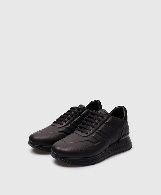 Stefano Ricci Black leather sneakers with metallic logo