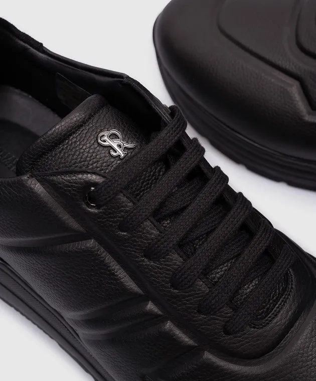 Stefano Ricci Black leather sneakers with metallic logo